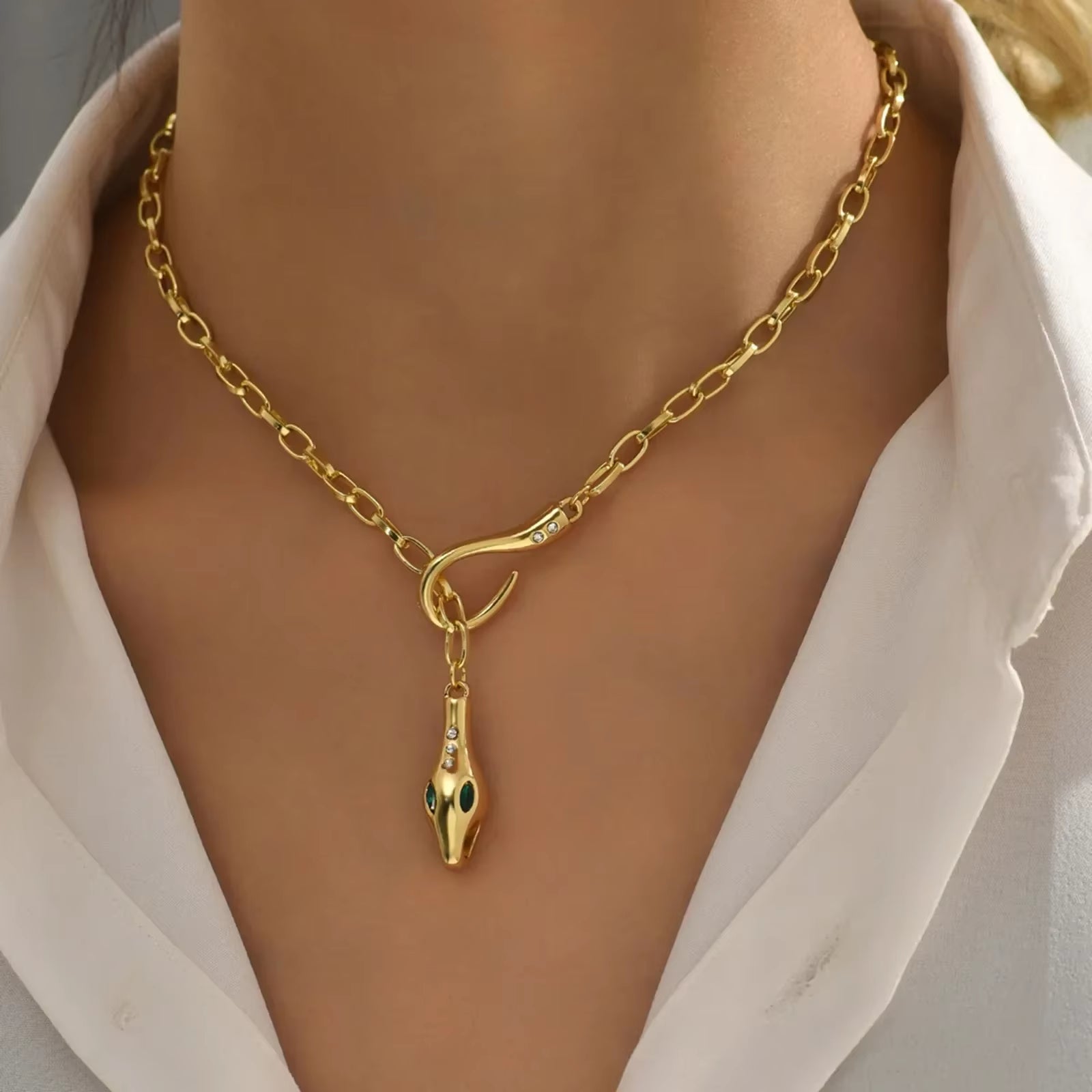 Fashion Zirconia Snake Design Women'S Pendant Necklace Stainles Steel Gold Plated Paperclip Chain Jewelry Hot Sales