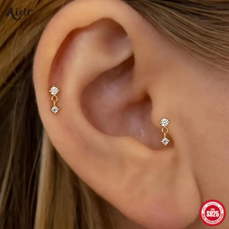 1Pc 925 Sterling Silver Mini Zircon Thick Flat Screw Back Drop Earrings for Women K Gold Piercing Stud Earrings Jewelry